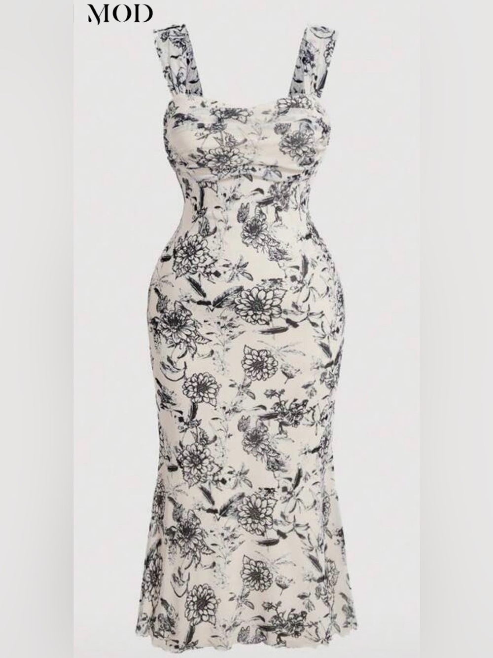 Black Floral Strapless Bodycon Dress on Cream